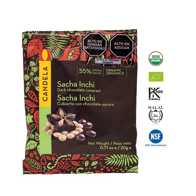 Sacha Inchi Cubierto con Chocolate Orgánico 20g / 55% Cacao / Caja de 16 unidades