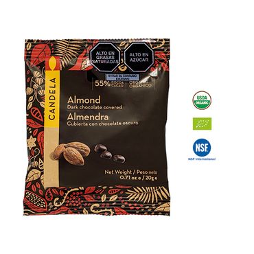 Almendra Cubierta con Chocolate Orgánico 20g / 55% Cacao / Caja de 16 unidades