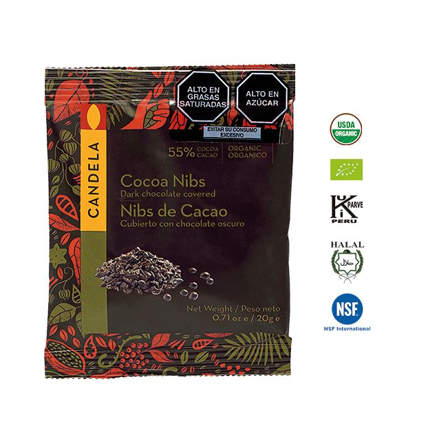 Nibs de Cacao Cubiertas con Chocolate Orgánico 20g / 55% Cacao / Caja de 16 unidades