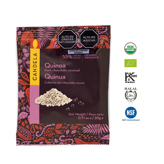 Quinua Cubierta con Chocolate Orgánico 20g / 55% Cacao / Caja de 16 unidades